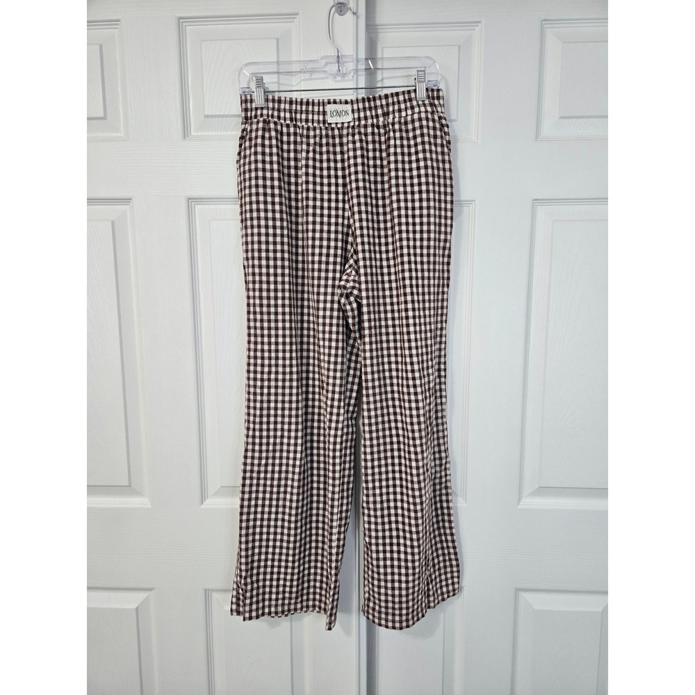 Lomon Brown Gingham Check Wide Leg Pants Elastic Waist Womens Trousers Medium